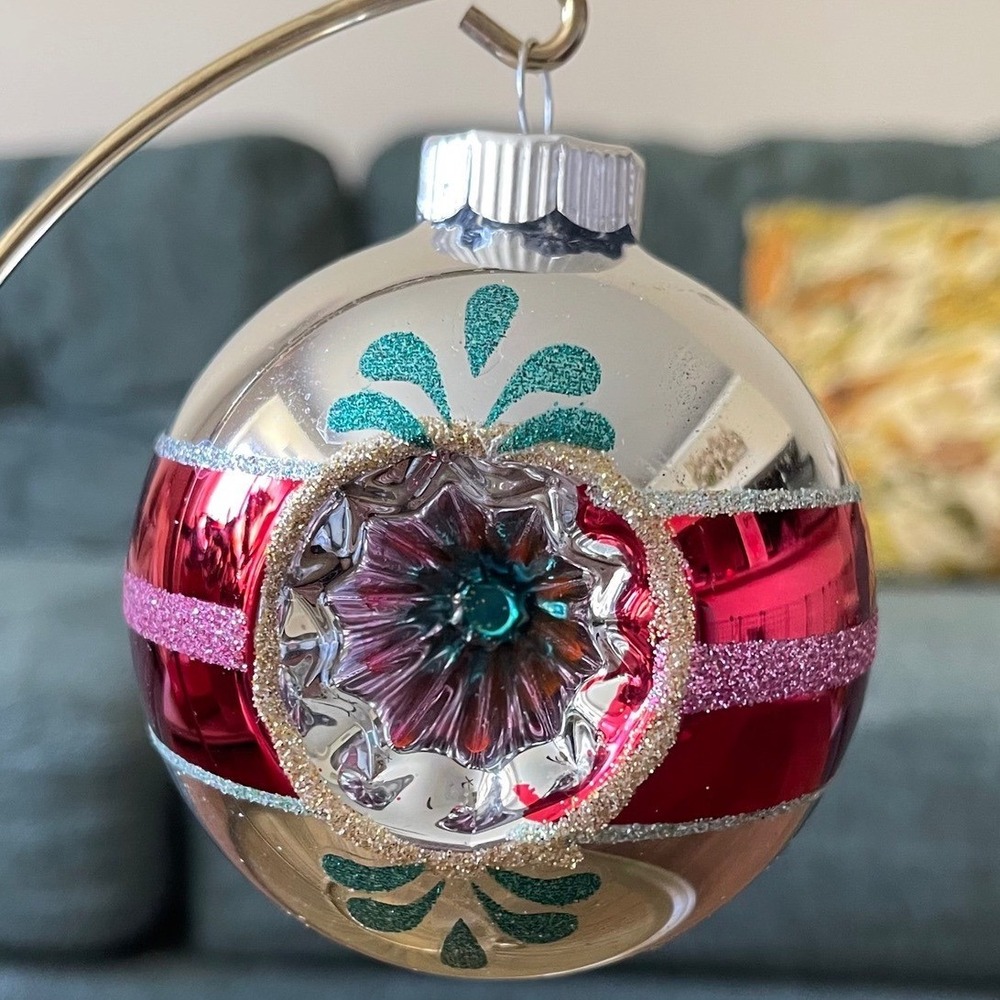 Radko Shiny Brite Glitter Striped Ornament Indent Ball Pink Teal blue red‎ XL